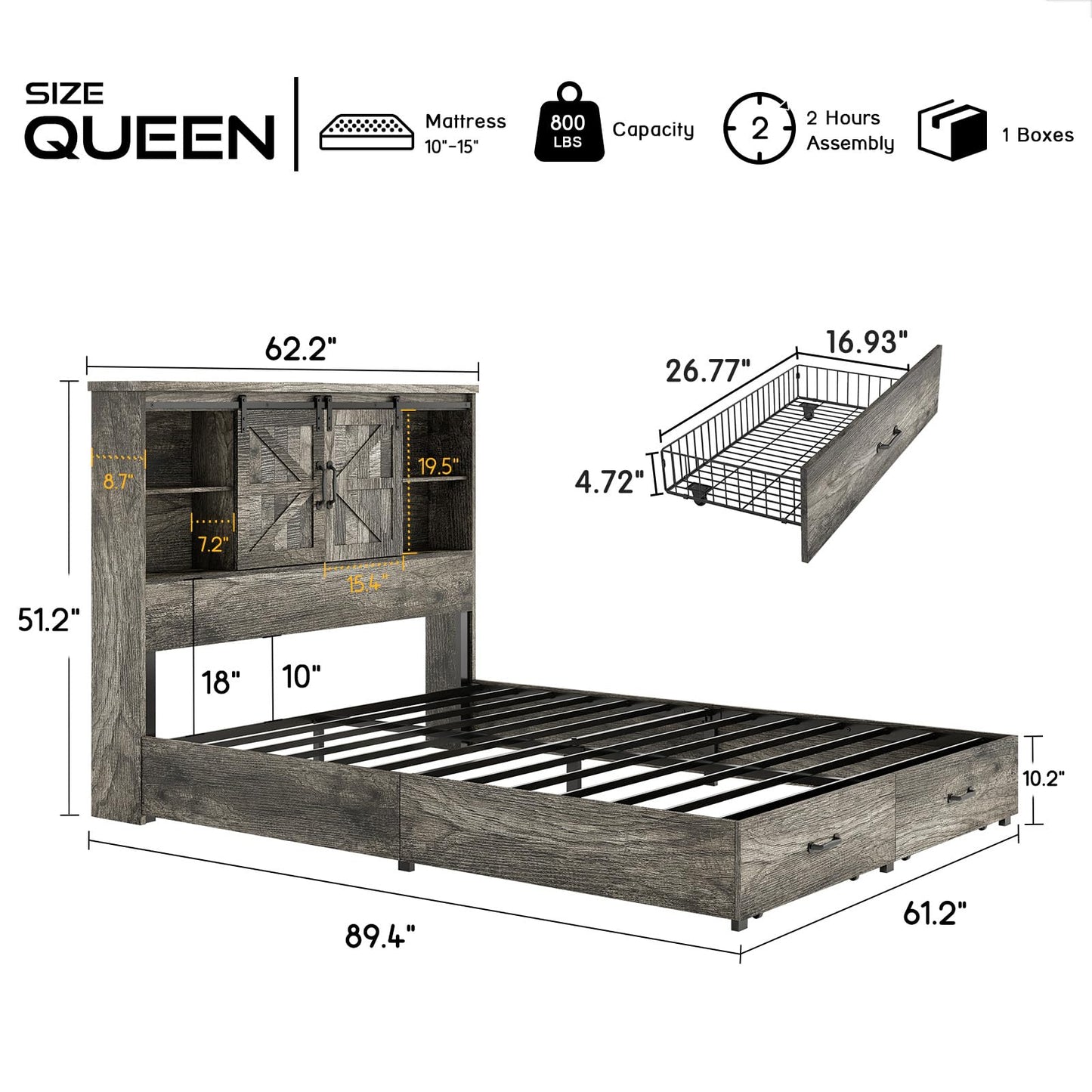 HOWE Queen Size Wood Platform Bed Frame with 51.2" Bookcase Headboard, Storage Bed with Sliding Barn Door Charging Station 2 Drawers, No Box Spring Needed/Noise Free/Farmhouse/Rustic Grey - WoodArtSupply