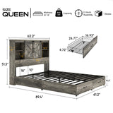 HOWE Queen Size Wood Platform Bed Frame with 51.2" Bookcase Headboard, Storage Bed with Sliding Barn Door Charging Station 2 Drawers, No Box Spring Needed/Noise Free/Farmhouse/Rustic Grey HOWE