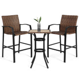 Villeston 3 Piece Outdoor Wicker Bar Stools Set, 2 Height Chairs and 1 Pub Table for Patio Bistro Poolside Dining, Woven Rattan High Top Furniture, Brown Villeston