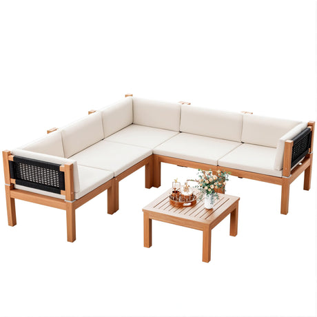 Devoko Outdoor Sectional Couch 6 Pieces Patio Sectional Sofa with Acacia Wood Coffee Table, Outdoor L-Shaped Couch with All-Weather Cushion for Patio,Deck,Backyard(White) Devoko