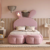 Merax Twin Size Upholstered Platform Bed with 2 Small Storage Stools Cartoon Ears Shaped Headboard and Light, Pink Merax