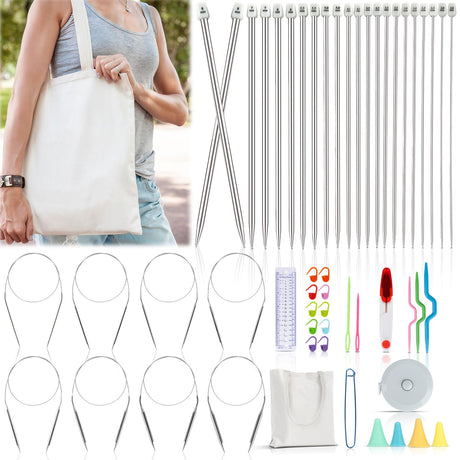 Katech Knitting Needles Set for Beginners, 9 Pairs Circular Knitting Needles Set and 22 Pcs Single Pointed Knitting Needle Set with Tote Bag Knitting Accessories Knit Supplies Katech
