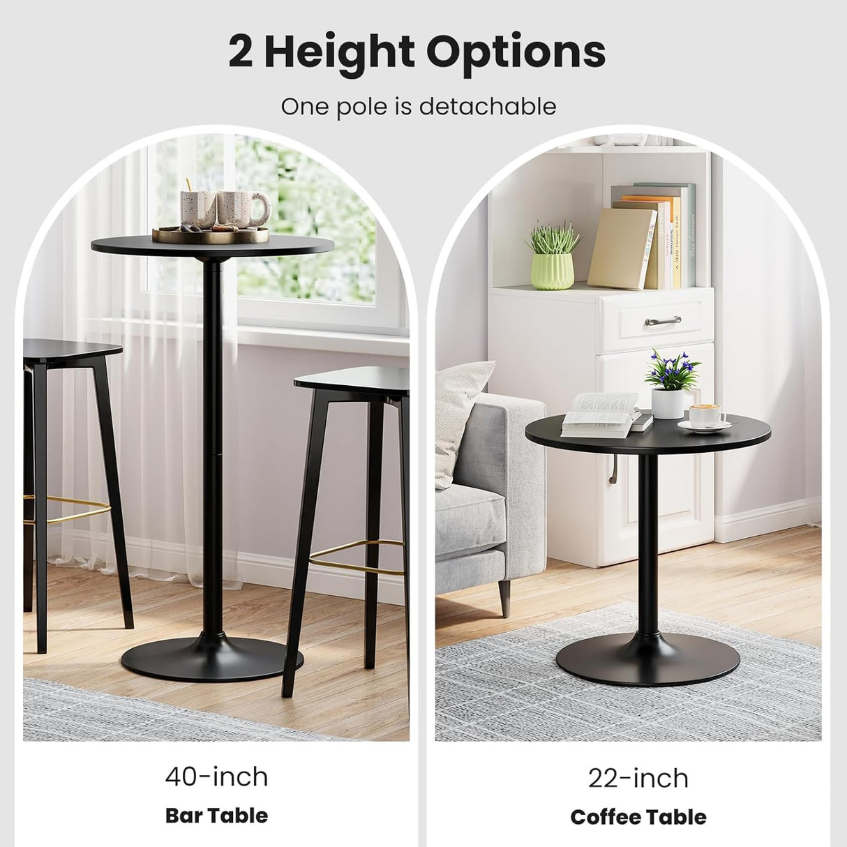 ERGOMASTER Two-in-one Adjustable Height Bar Tables – 24 inch Round Cocktail Table with Sturdy Metal Base, 120 lbs Capacity, 40"/22" Two Convertible Height for Living Room,Restaurant Bistro ERGOMASTER