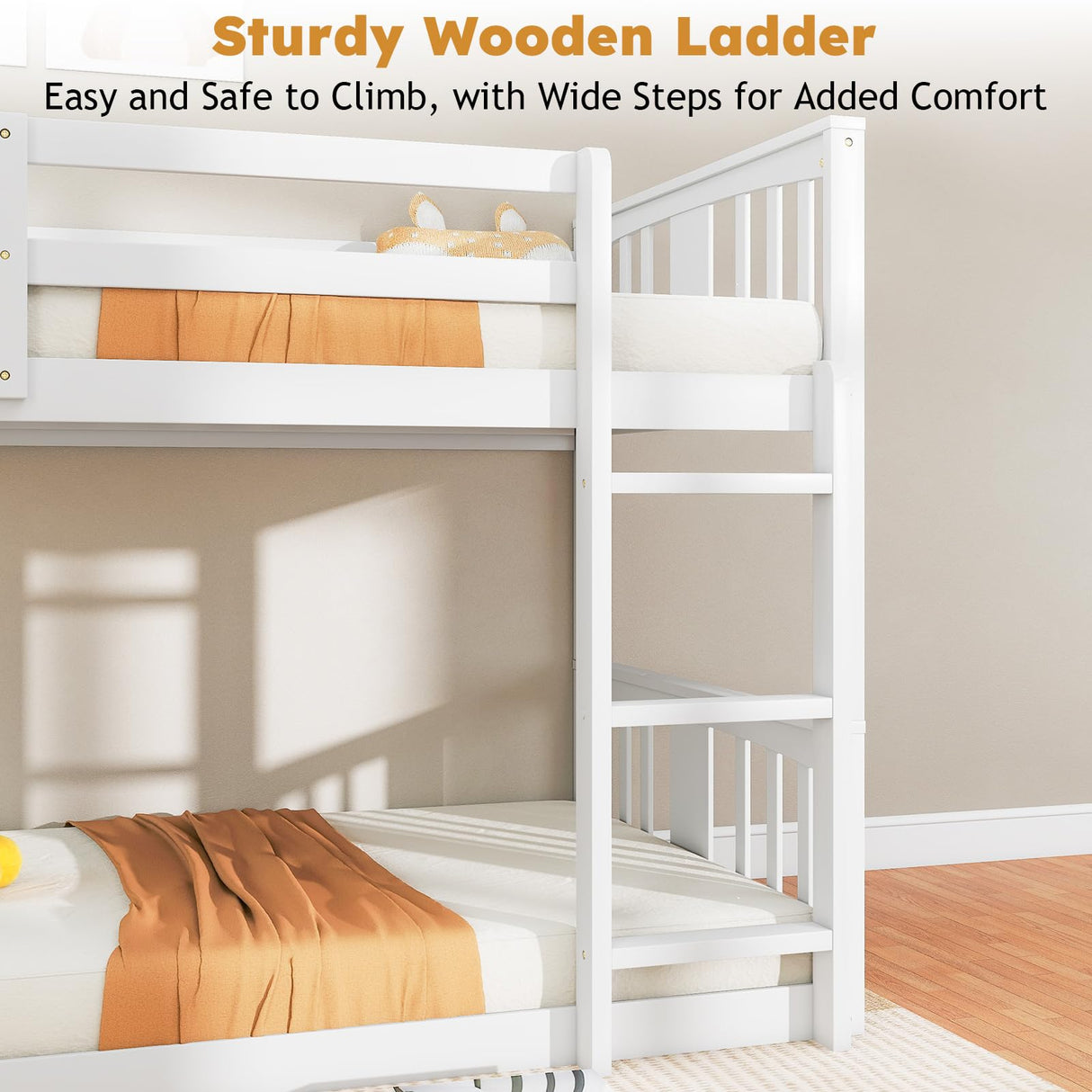 Zevemomo Wooden Low Bunk Bed Twin Over Twin, Solid Pine Bed Frame with Built-in Ladder, Convertible Bed Frame That Separates into 2 Twin Beds, Floor Bunk Bed for Small Spaces, Bedroom, White Zevemomo