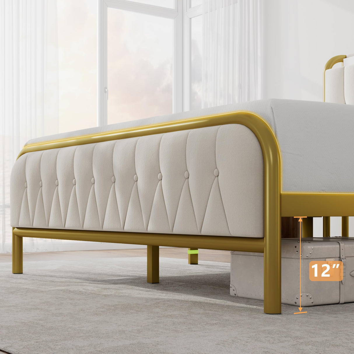 iPormis Full Size Metal Bed Frame with Charging Station, Velvet Upholstered Headboard and Footboard, Heavy Duty Steel Support, 12" Under Bed Storage, No Box Spring Needed, Easy Assembly, Beige iPormis