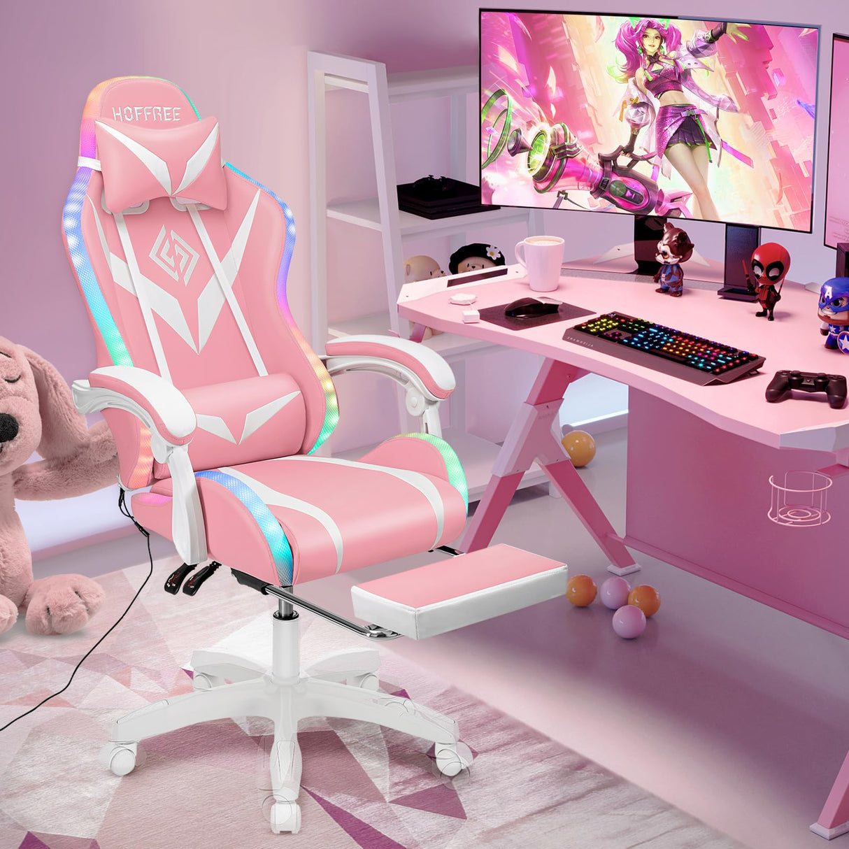 Gaming Chair with LED Lights Massage Ergonomic Video Game Chairs with Footrest High Back Reclining Computer Chair with Lumbar Support Adjustable Footrest Pink and White VANSPACE