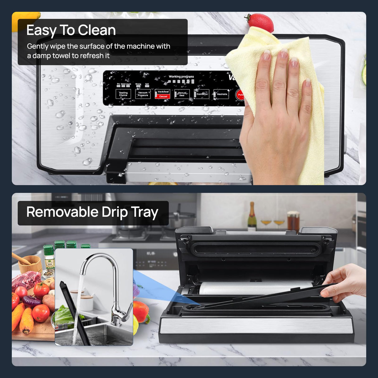 Vakumar Liquid Vacuum Sealer Machine, 90Kpa Vacuum Sealer Machine Preservation Dry/Moist/Liquid Modes, LED Indicator Light, Handle Locked Design, Built-in Cutter and Bag Storage, Removable Drip Tray Vakumar