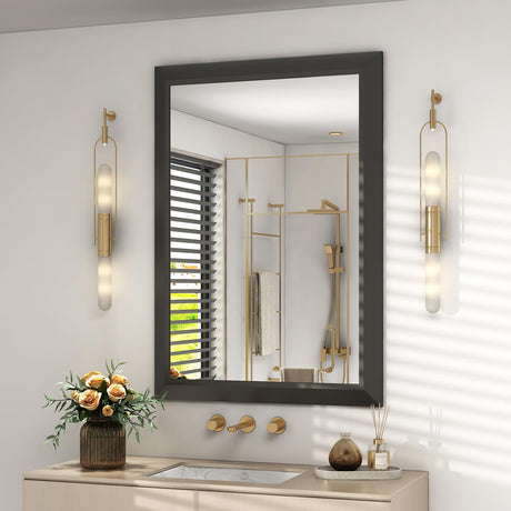 SMIROR 24x36 Inch Matte Black Bathroom Mirrors for Over Sink, Metal Framed Vanity Mirror for Wall, Rectangular, Right Angle Corner, Thick Frame (Horizontally/Vertically) SMIROR