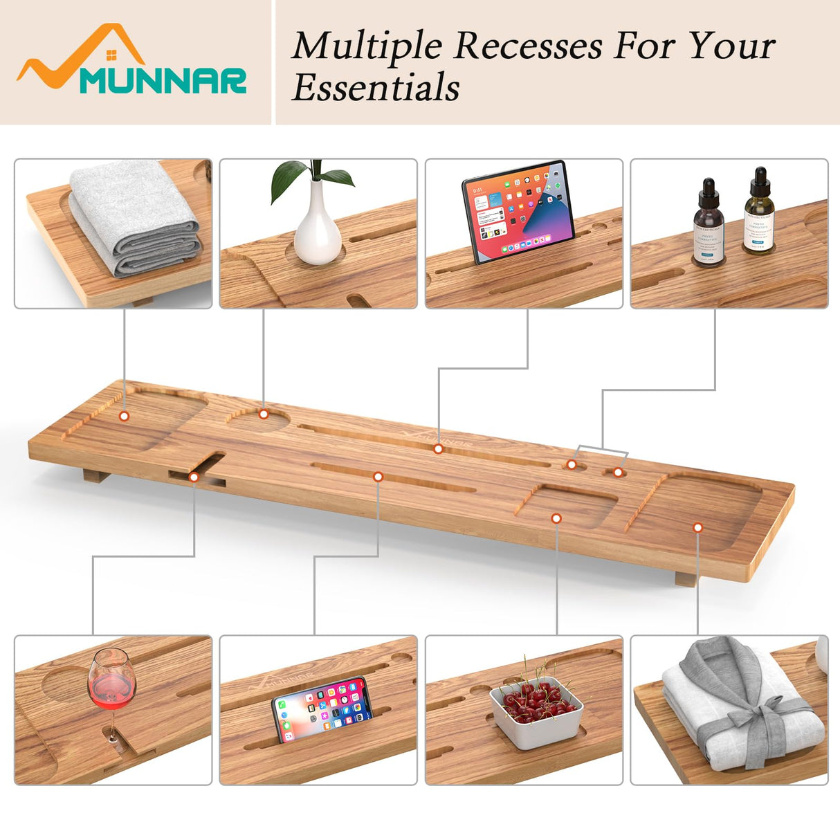 MUNNAR Pine Wood Bathtub Tray, Large Solid Wood Bath Tray, Luxury Anti-Tip Bath Caddy with Adjustable Legs, 35x9 Bath Tray for Tub, Bath Table Tray, Fits for 23"-32.5" Tub, Ideal Gift for Women MUNNAR