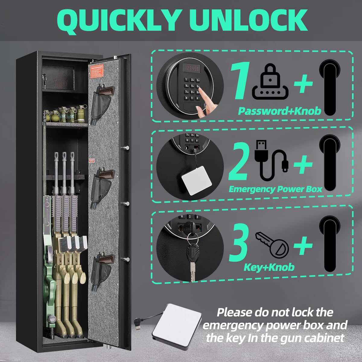 HEANVO 5 - Gun Safe Rifle, Long Gun Safe for Home Rifle and Pistols, Gun Safes & Cabinets with Drawer and Removable Shelf, Cabinet with Mute Function, Rifle Safe with LED Light HEANVO