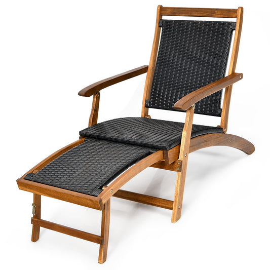 RELAX4LIFE Patio Chaise Lounge Chair - Acacia Wood Folding Rattan Wicker Chair w/Retractable Footrest, Space-Saving Ergonomic Deck Chair for Garden, Poolside, Patio