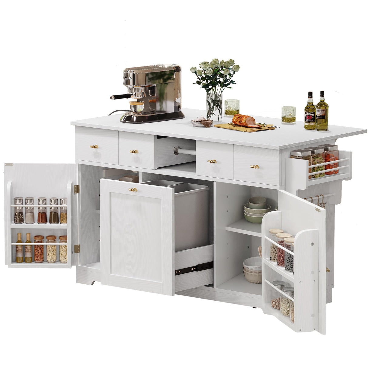 DWVO Kitchen Island with Drop Leaf, 59" Large Mobile Storage Islands with Power Outlet, Double Pull-Out Trash Can Cabinets Fits 10-Gal Garbage Bin, Rolling Kitchen Cart with Spice & Towel Rack, White DWVO
