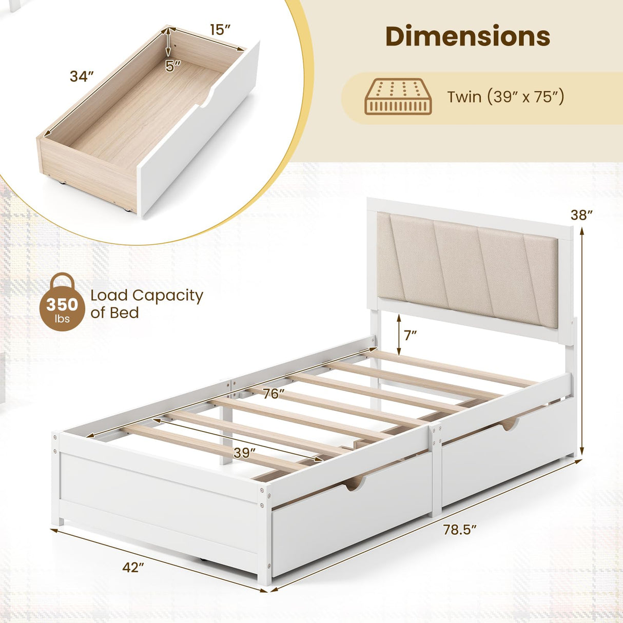 Giantex Wood Twin Bed with 2 Storage Drawers, Solid Wood Platform Bed with Upholstered Headboard, Wooden Slats Support, Twin Bed Frames for Kids Teens Adults, No Box Spring Needed, White & Beige Giantex