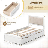 Giantex Wood Twin Bed with 2 Storage Drawers, Solid Wood Platform Bed with Upholstered Headboard, Wooden Slats Support, Twin Bed Frames for Kids Teens Adults, No Box Spring Needed, White & Beige Giantex