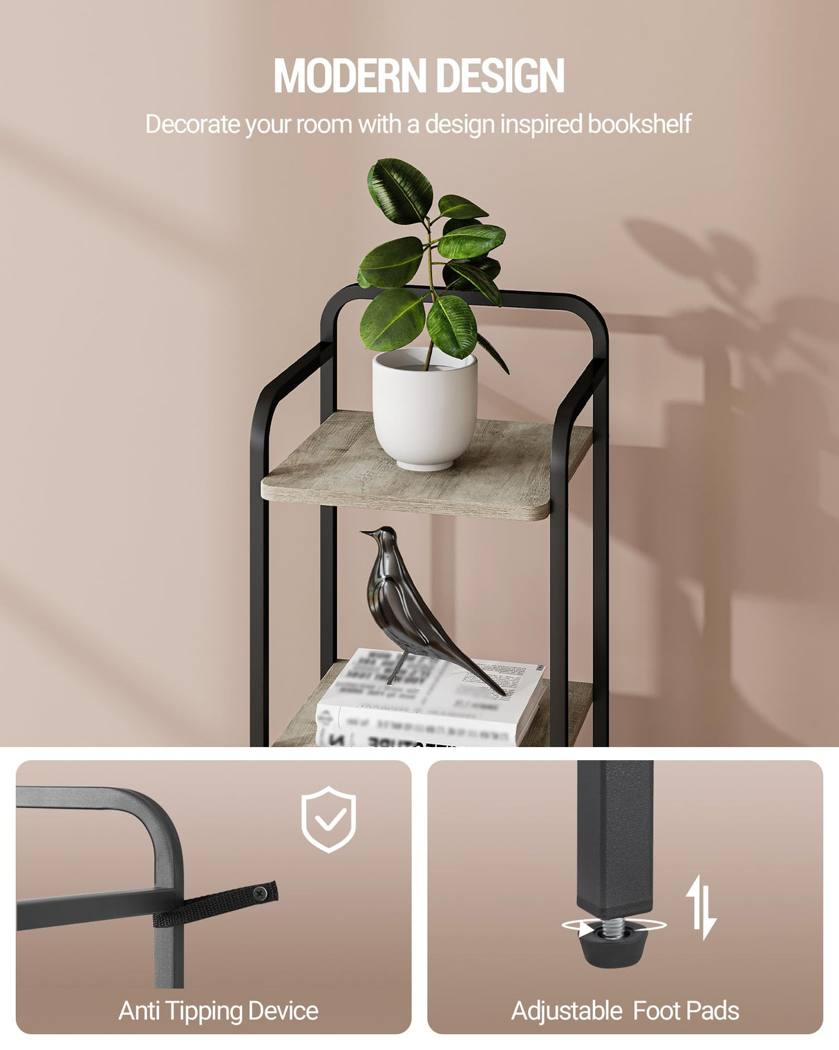 Hzuaneri Bookcase Bookshelf, Narrow Book Shelf, Industrial Corner Shelf Storage Organizer, Slim Shelving Unit for Home Office, Living Room, Bedroom, Kitchen, 5-Tier Greige and Black BC24505B Hzuaneri