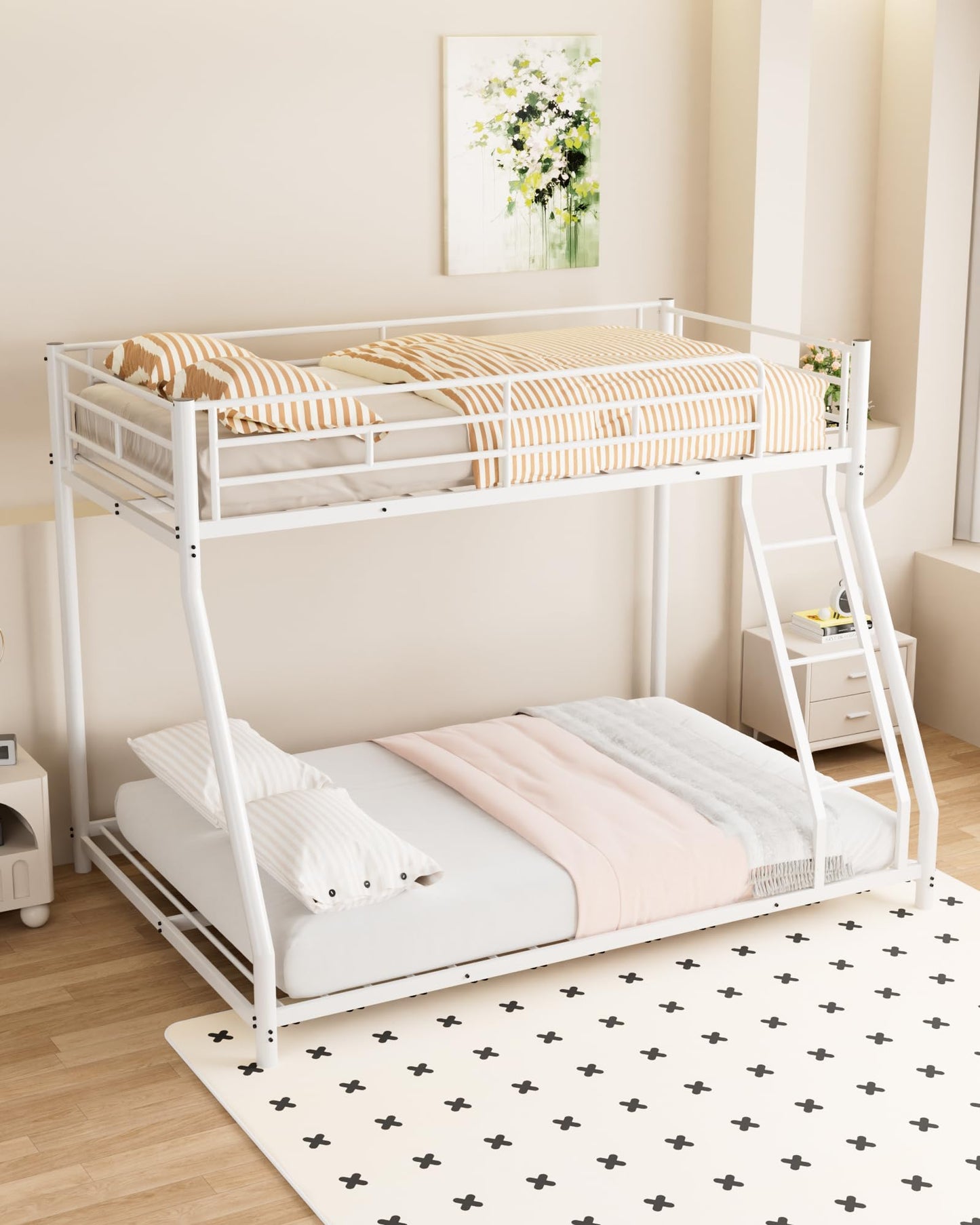 Miscoos Twin over Full Metal Bunk Bed, Heavy-Duty Full Bed Frame with Full-Length Guardrails and Safety Ladder, Space Saving Metal Bunk Bed, No Box Spring Needed, White