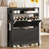 AOGLLATI Shoe Cabinet Storage,Narrow Fluted Shoe Rack Cabinet with 2 Flip Drawers, Wooden Freestanding Organizer with Open Storage Space for Entryway,Black AOGLLATI