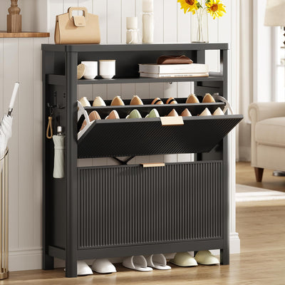 AOGLLATI Shoe Cabinet Storage,Narrow Fluted Shoe Rack Cabinet with 2 Flip Drawers, Wooden Freestanding Organizer with Open Storage Space for Entryway,Black