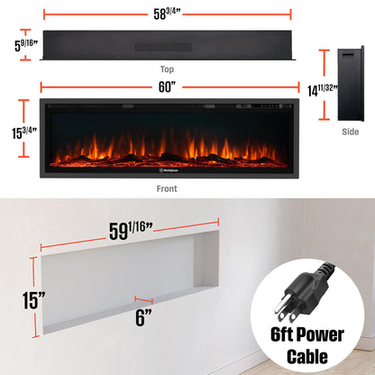 Westinghouse 60 Inch Electric Fireplace Heater, Compatible with Alexa & Google Home, Wall Mount or in-Wall Recessed Fireplace Insert, 24 Hour Timer, Color Changing Flames, 750W/1500W Indoor Heater