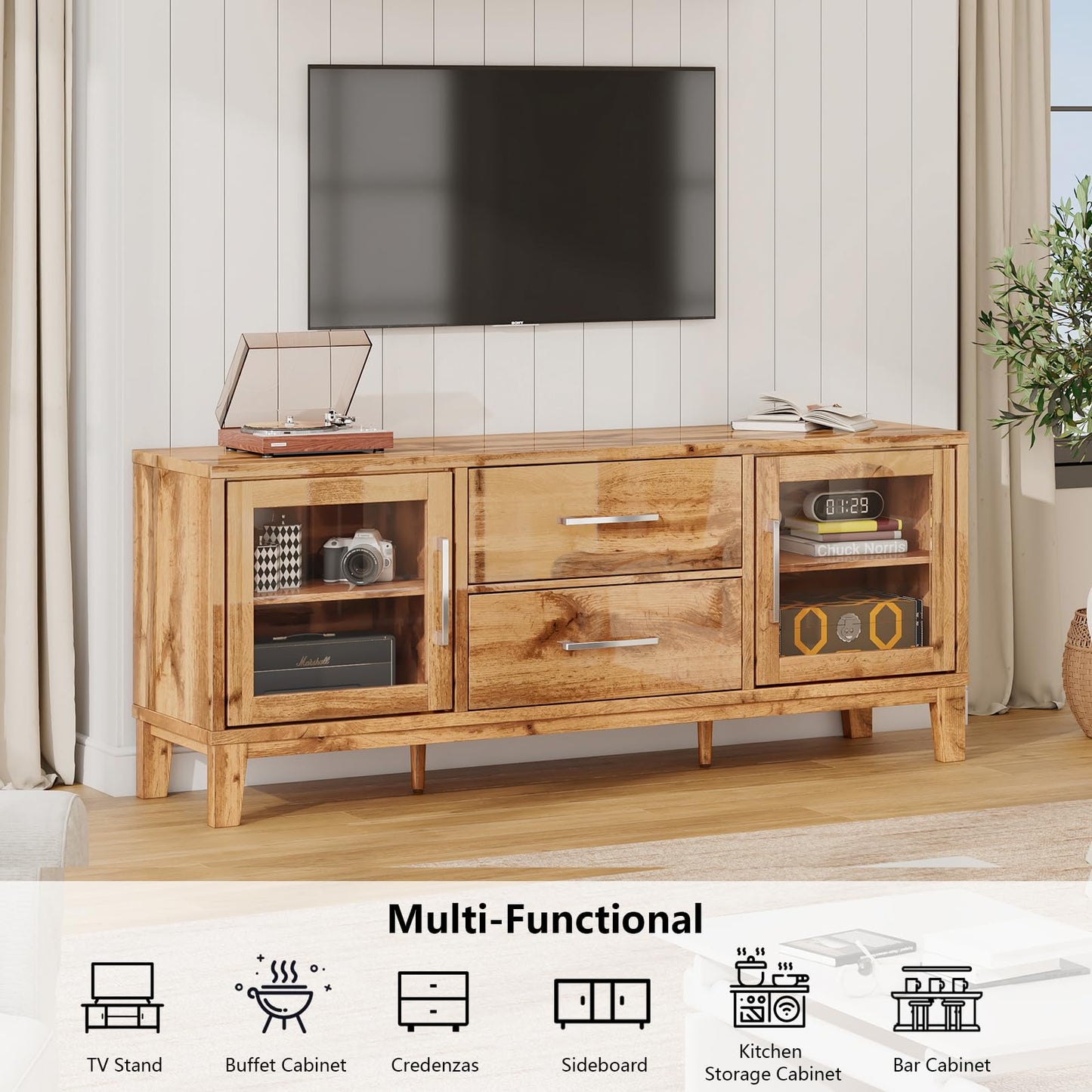 LUXOAK 63in Modern Wood TV Stand for 70+ Inch TV, Mid Century High Gloss Entertainment Center with Glass Doors & Adjustable Shelf, TV Console with Storage Drawer for Living Room, Yellow Oak, CTS008