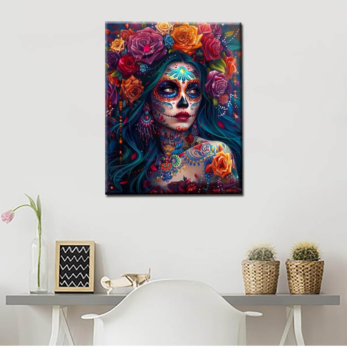 Skeleton Makeup Paint by Numbers Kits for Adult Day of The Dead Halloween Woman Painting Kits Sugar Skull Paint by Numbers Kits on Canvas Perfect for Gift Home Wall Decor Without Framed 16''W x 20''H Aihonmin