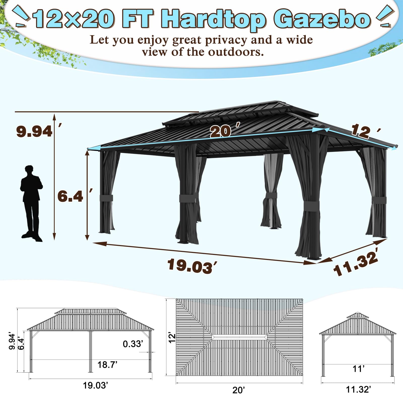 VEIKOU 12' X 20' Gazebo, Outdoor Gazebo, Galvanized Steel Double Roof Aluminum Gazebo, Heavy Duty Patio Gazebo w/Netting and Curtains for Garden, Deck, Backyard - WoodArtSupply