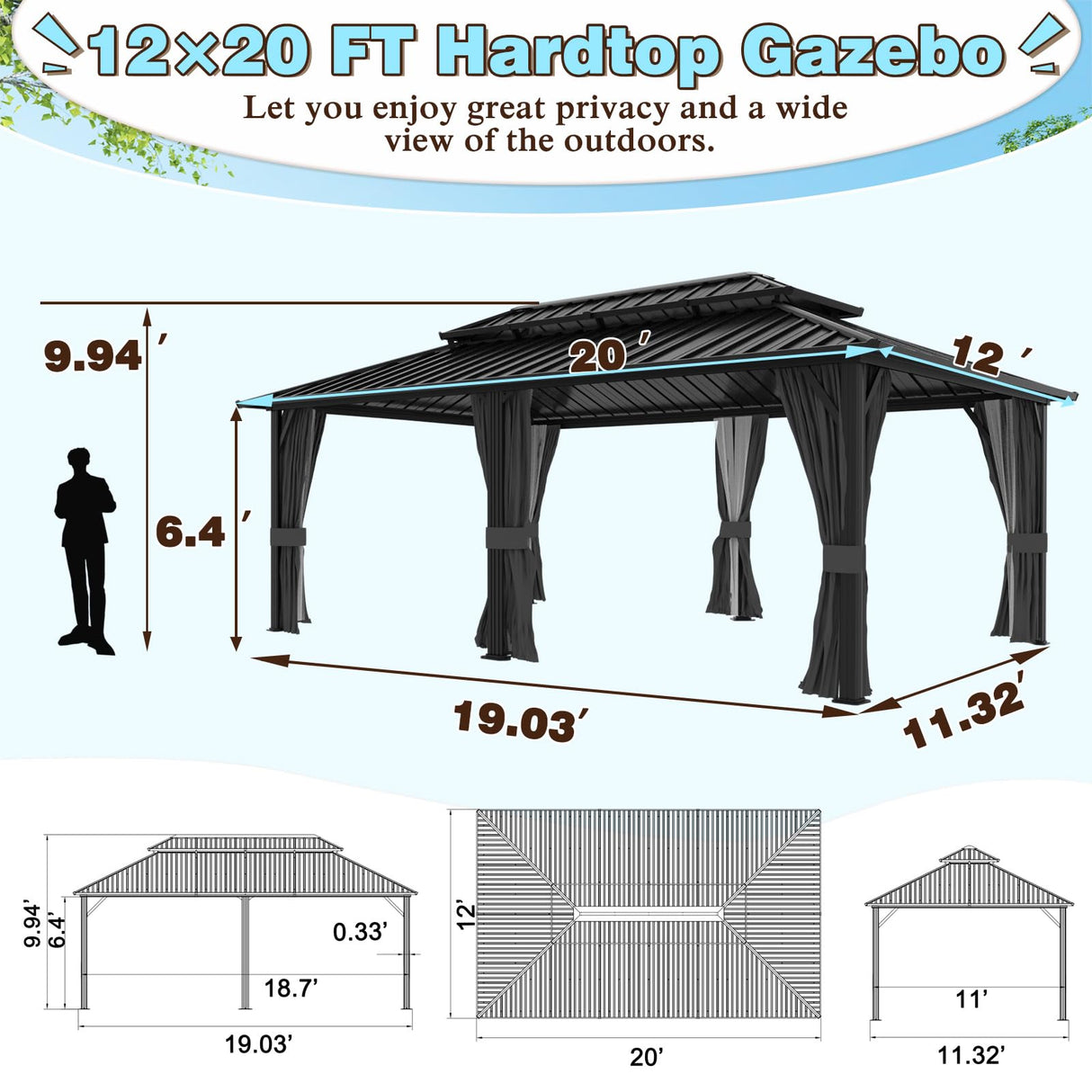 MUPATER 12' X 20' Hardtop Galvanized Steel Double Roof Gazebo, Outdoor Patio Metal Pergola Gazebo with Aluminum Frame, Mesh Nettings & Curtains, Garden Lawn and Deck, black MUPATER