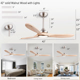 QUTWOB 42" Wood Ceiling Fans with Lights and Remote Control,Indoor Outdoor 3 Blades Wooden Ceiling Fan for Garage,Patio,Living Rooms,Bedrooms,Offices,Farmhouse(Nickel+Raw wood) QUTWOB