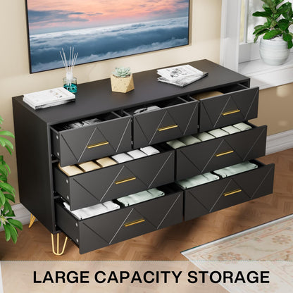 JOZZBY Dresser for Bedroom, 7 Drawer Black Wooden Dresser with Gold Handles, Modern Storage Dressers & Chests of Drawers for Hallway, Entryway