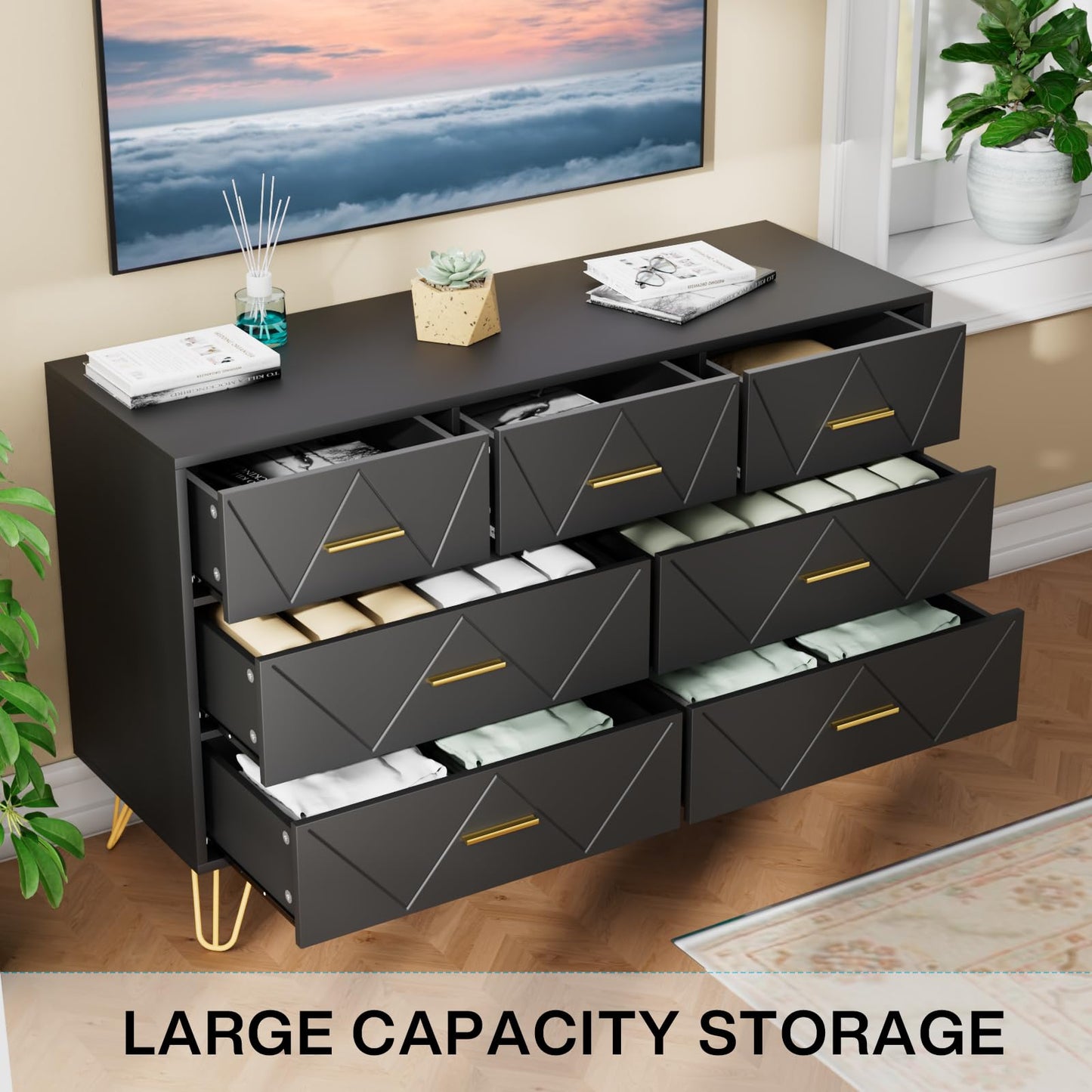 JOZZBY Dresser for Bedroom, 7 Drawer Black Wooden Dresser with Gold Handles, Modern Storage Dressers & Chests of Drawers for Hallway, Entryway