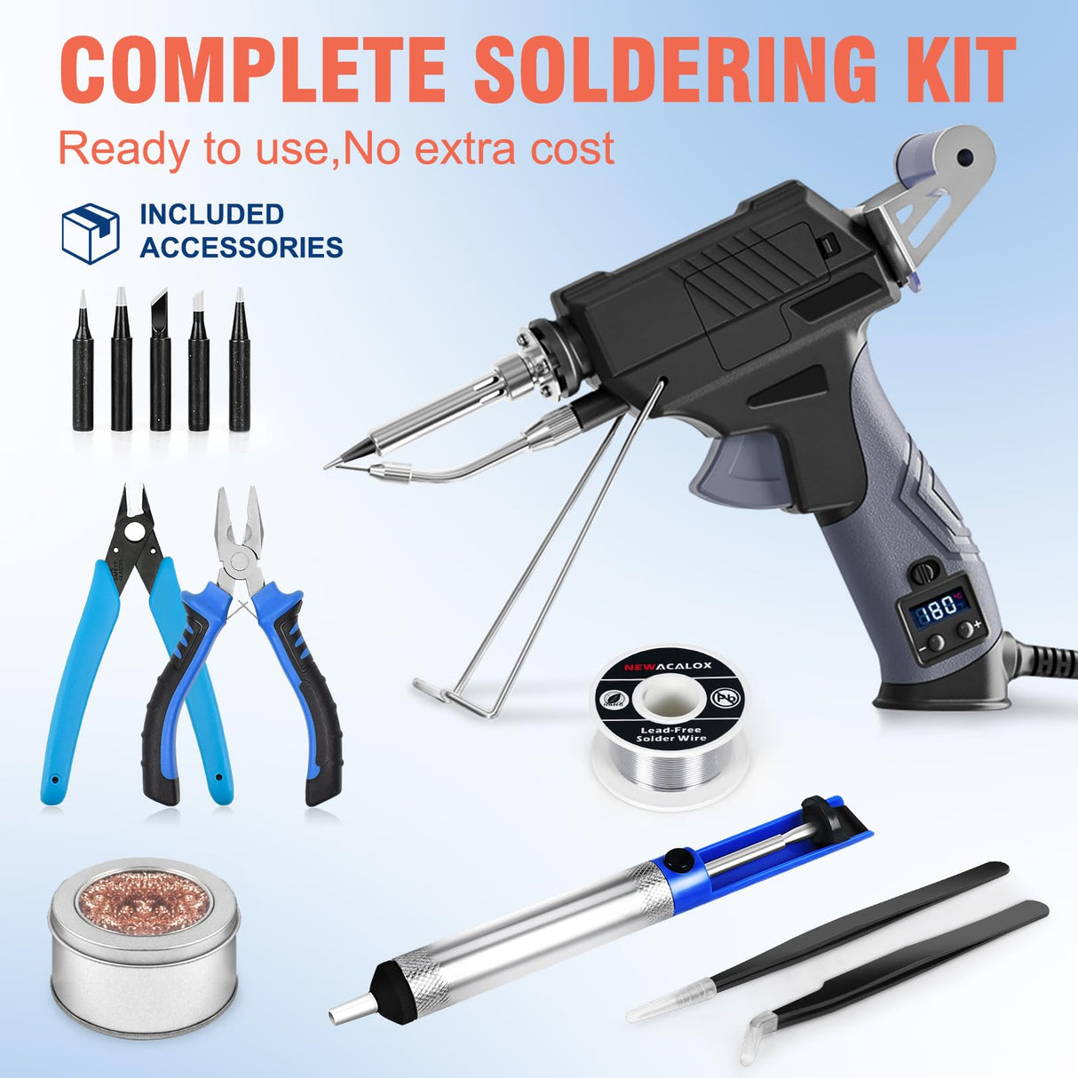 Soldering Iron Kit, Auto Feed Soldering Gun with LCD Display and ±1°C Precision Temp Control, 8-in-1 Set with Wire, Pump, Tip Cleaner, 5 Tips for Electronics Repair DIY, PCB, SMD NEWACALOX