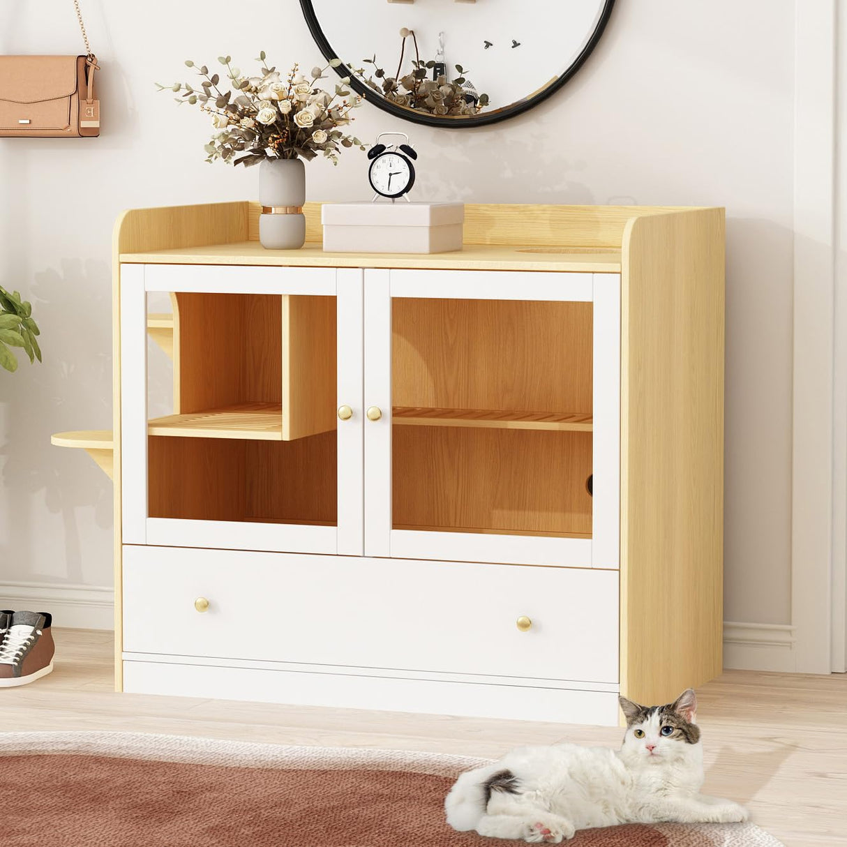 DAWNSPACES Extra Large Cat Litter Box Enclosure Furniture Hidden, Cat Condo Cabinet Pet House with Stairs for 2, Nightstand Side Table witha Large Drawer for Living Room, Natural DAWNSPACES