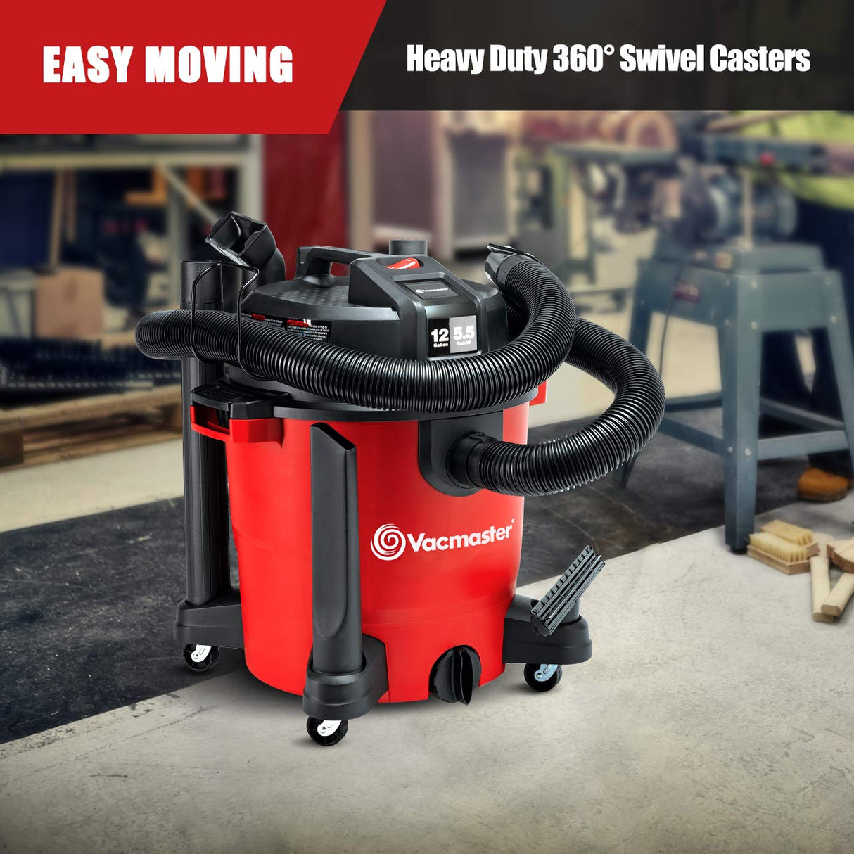 Vacmaster Red Edition VJH1211PF 1101 Heavy-Duty Wet Dry Vacuum Cleaner 12 Gallon 5.5 Peak HP 2-1/2 inch Hose Vacmaster