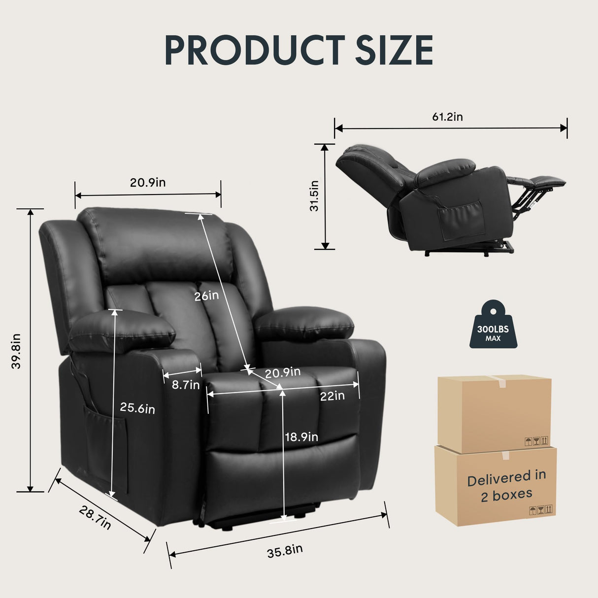 FLEXISPOT XL31 Power Lift Recliner Chair for Elderly, Oversized Electric Leather Lift Chair with Cup Holders, Side Pockets, Massage Reclining Chair Sofa for Living Room Bedroom (Black) FLEXISPOT