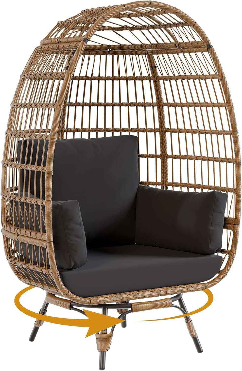 Tioutbot 360° Swivel Egg Chair, Oversized Patio Rotating Basket Chair, Steel Frame and Metal Base, Waterproof, PE Rattan Lounge Chair for Indoor & Outdoor, Porch, Living Room, Backyard, Black Tioutbot