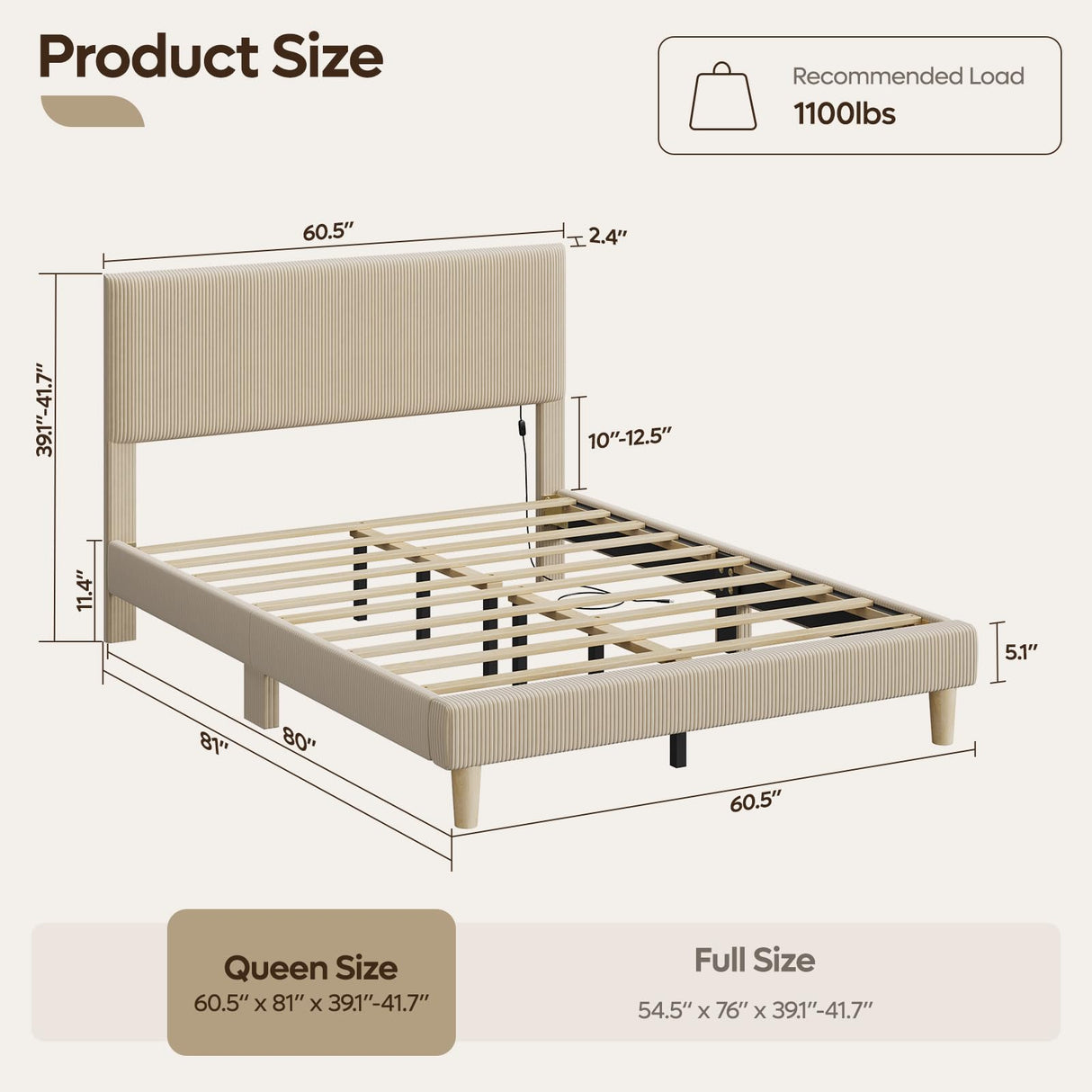 Bestier Queen Bed Frame with Adjustable Headboard, LED Lighting, Vertical Channel Tufted Corduroy Upholstered, Solid Wooden Slats Support, No Box Spring Needed, Never Squeaks, Easy Assembly, Taupe Bestier