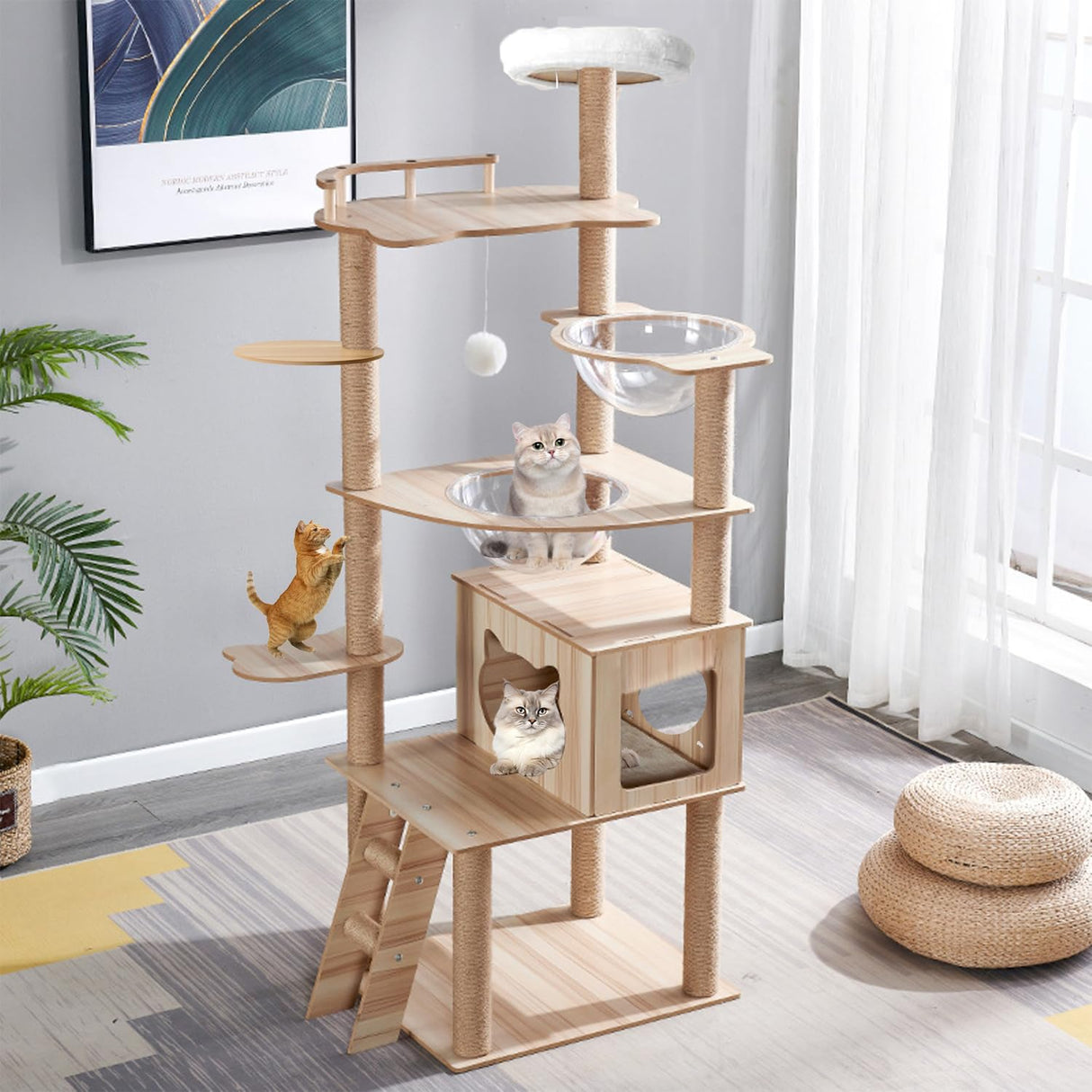 67-Inch Cat Tree for Indoor Cats Large Adult,Cat Tree Tower with Condo, Cat Stairs, 2 Bowl,14 Sisal Scratching Posts, Top Perch, with Padded Platform Bed,Toy Balls,Larg Large cat Tree.B12 Yinanroa
