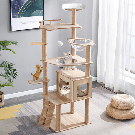 67-Inch Cat Tree for Indoor Cats Large Adult,Cat Tree Tower with Condo, Cat Stairs, 2 Bowl,14 Sisal Scratching Posts, Top Perch, with Padded Platform Bed,Toy Balls,Larg Large cat Tree.B12 Yinanroa