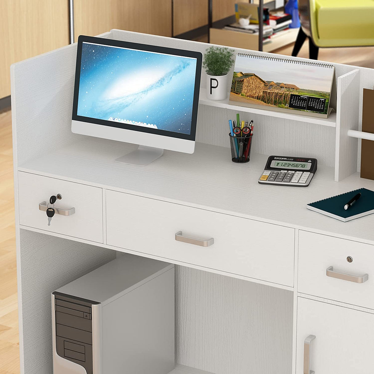 Homsee Modern Reception Desk with 3 Drawers, 1 Door Storage Cabinet & Hutch Shelf, Office Wooden Computer Desk, Writing Study Table PC Laptop Desk, White (47.3" L x 18.3" W x 43.3" H) Homsee