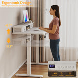 White Electric Standing Desk with Drawers - 40 Inch Small Standing Desk with Shelf Monitor Stand Storage Height Adjustable for Home Office, Study Writing Girls Computer Sit Stand Desks for Bedroom KLUVIS