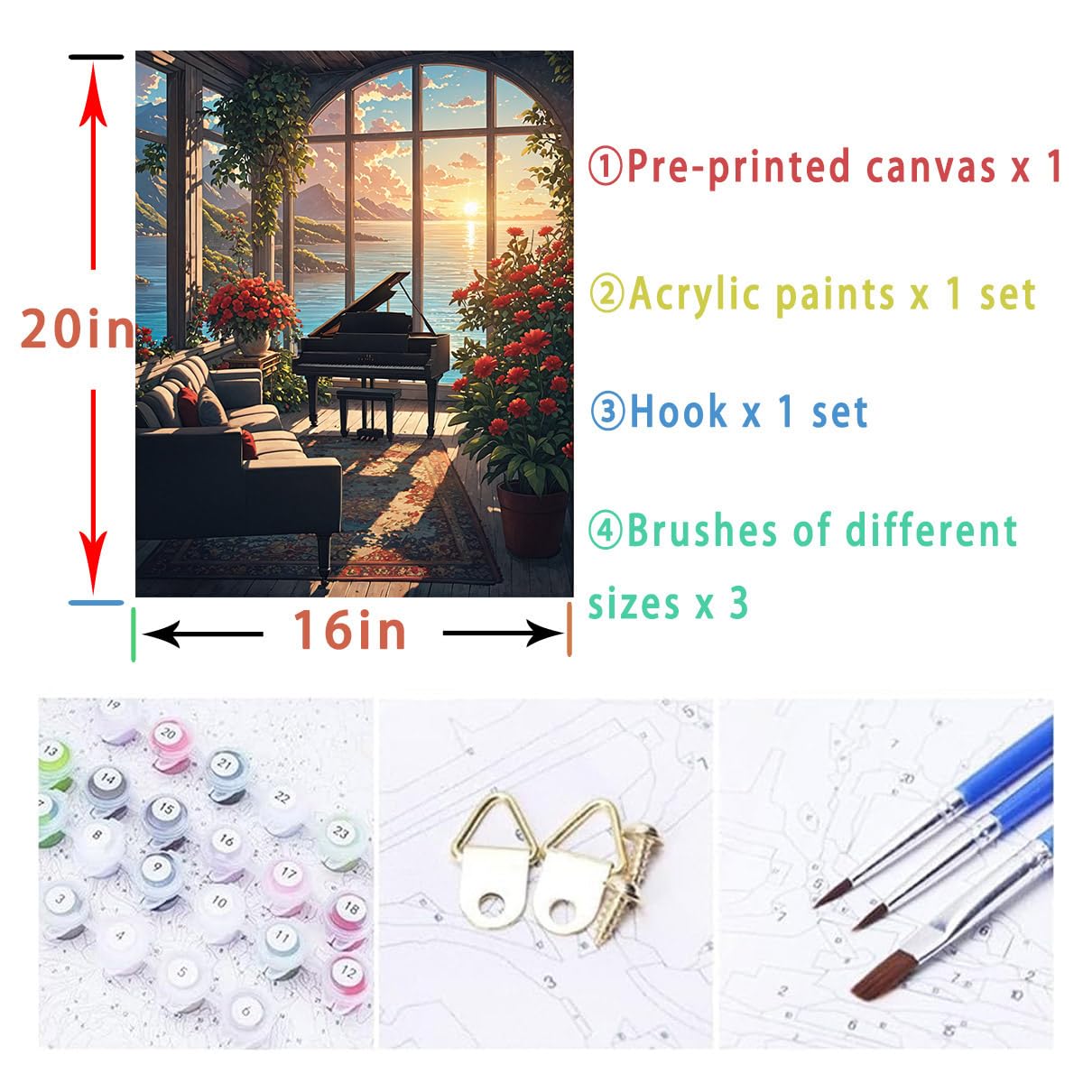 Lovepefe Beach Piano Paint by Numbers Kit for Adults Beginners Ocean Music Room DIY Oil Painting by Number Kits on Canvas Pretty Musical Art Painting by Numbers for Gifts Home Wall Decor 16x20 Inch Lovepefe