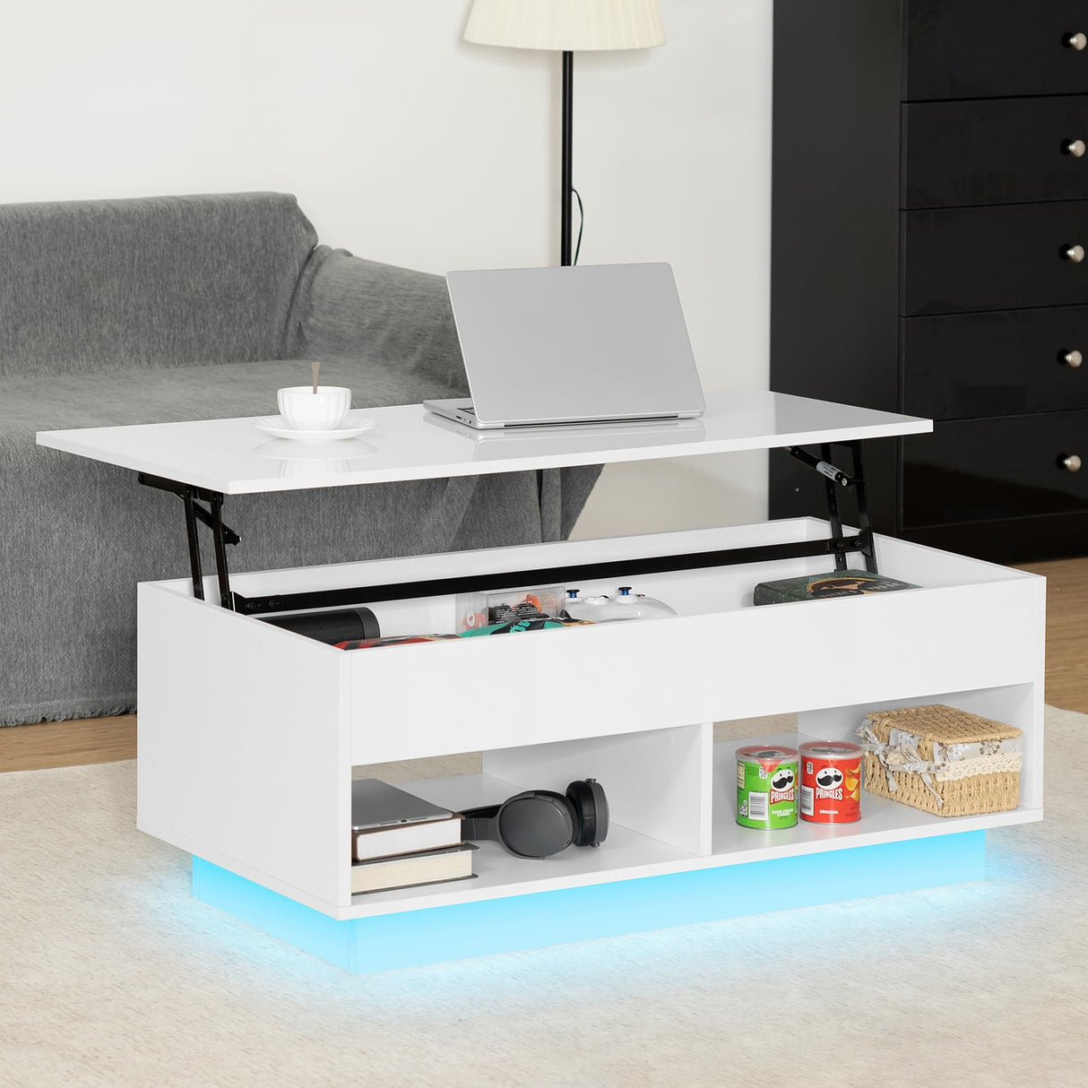 LED Coffee Table for Living Room Lift Top Coffee Tables with Storage Morden High Gloss 4 Tiers White Tea Table Center Tables Sofa Hidden Compartment & 2 Open Shelve HOMMPA