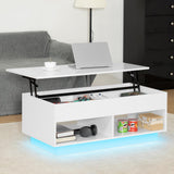 LED Coffee Table for Living Room Lift Top Coffee Tables with Storage Morden High Gloss 4 Tiers White Tea Table Center Tables Sofa Hidden Compartment & 2 Open Shelve HOMMPA