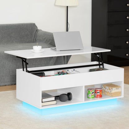 LED Coffee Table for Living Room Lift Top Coffee Tables with Storage Morden High Gloss 4 Tiers White Tea Table Center Tables Sofa Hidden Compartment & 2 Open Shelve - WoodArtSupply