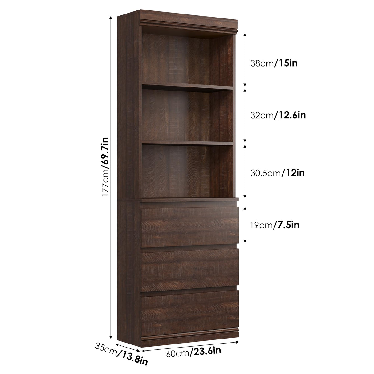IDEALHOUSE 70" H Bookcase with 3 Storage Drawers,Tall Bookshelf w/ 3-Tier Open Shelf, Morden Storage Bookcase Wooden Deep Bookshelves Storage Cabinet Organizer for Library Office Living Room (Brown) IDEALHOUSE
