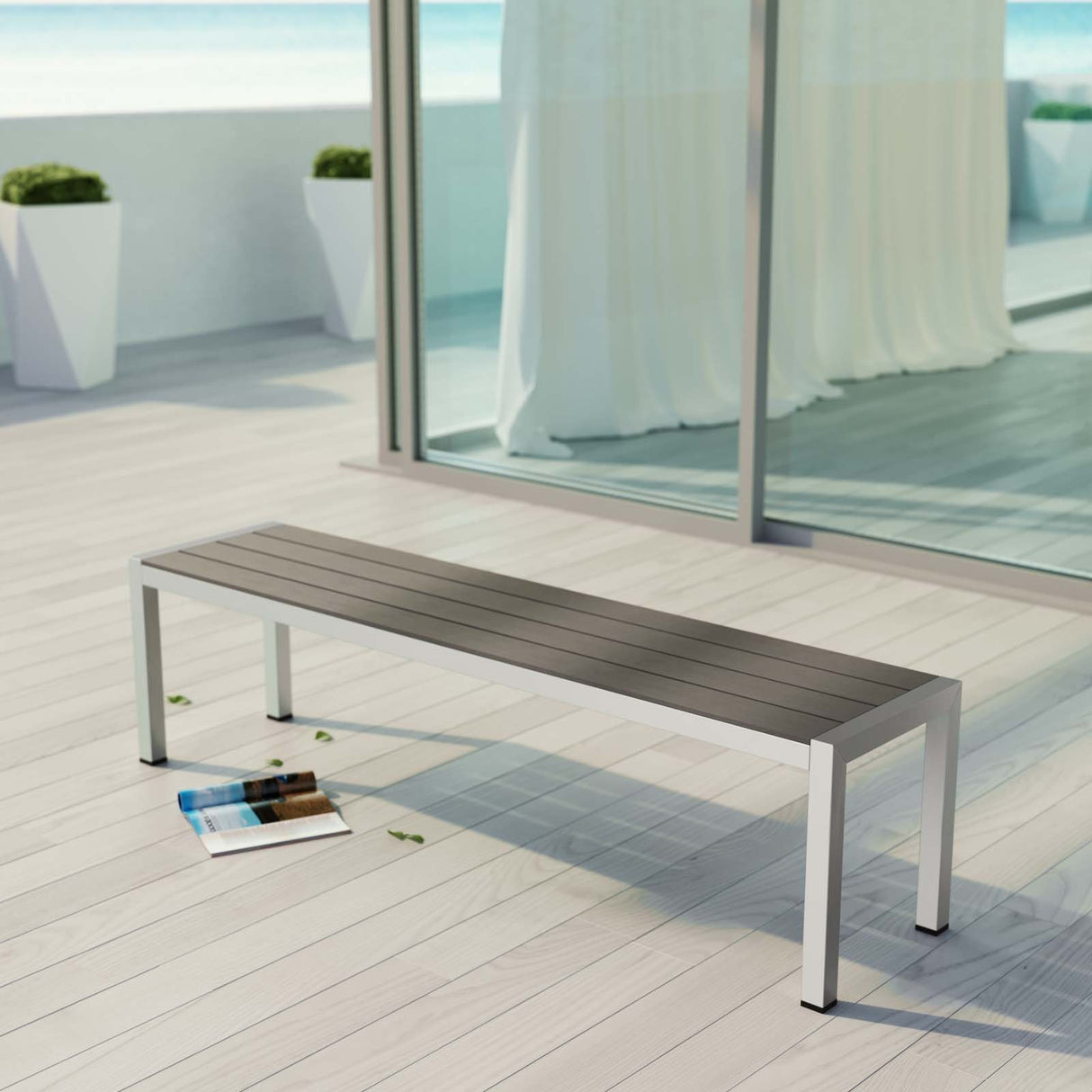 Modway Shore Aluminum Outdoor Patio Bench in Silver Gray Modway