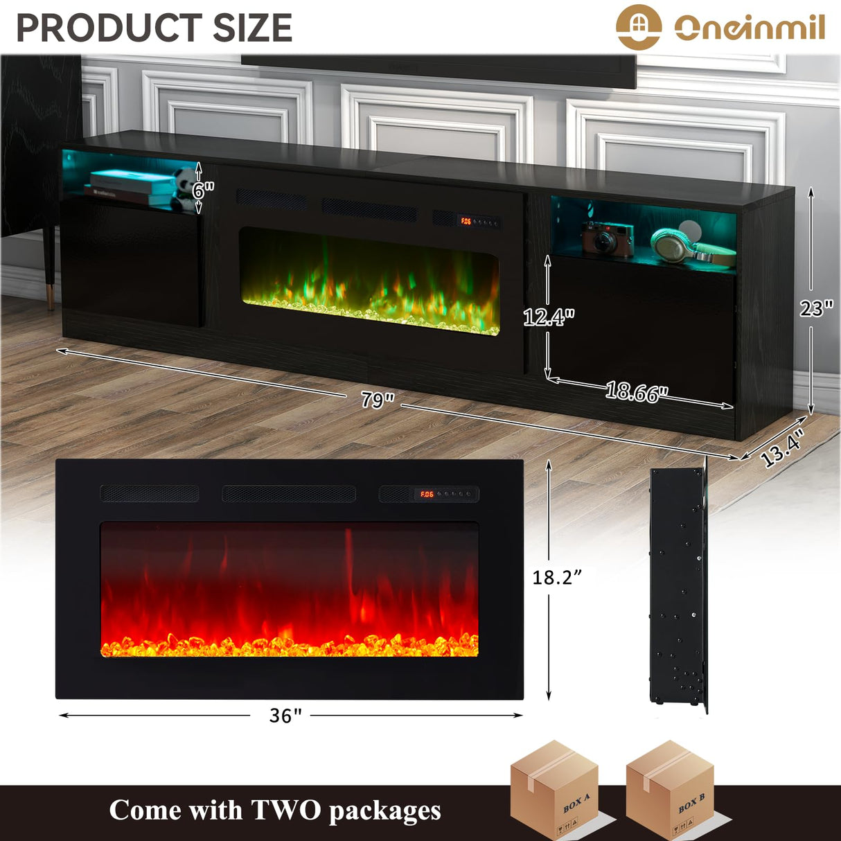 oneinmil Fireplace TV Stand with 36" Electric Fireplace, LED Light Entertainment Center with Modern Wood Texture, Highlight Storage Cabinet for TVs Up to 90", 79 inches, Black oneinmil