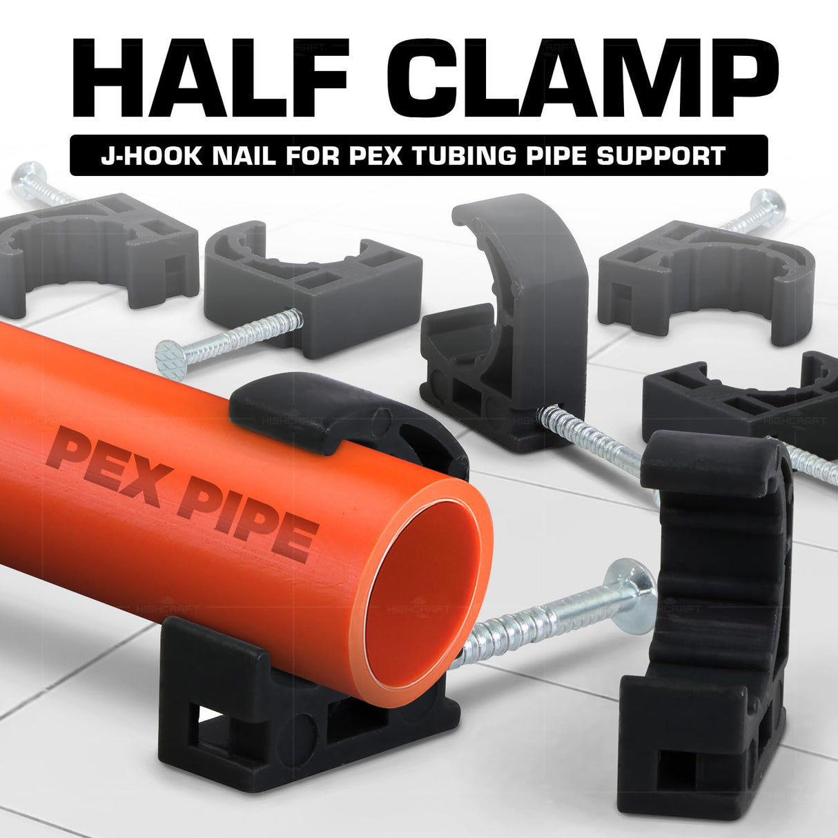 Highcraft ID234x50 Half Clamp J-Hook with Nail For Pex Tubing Pipe Support, 1/2 in, Black HIGHCRAFT