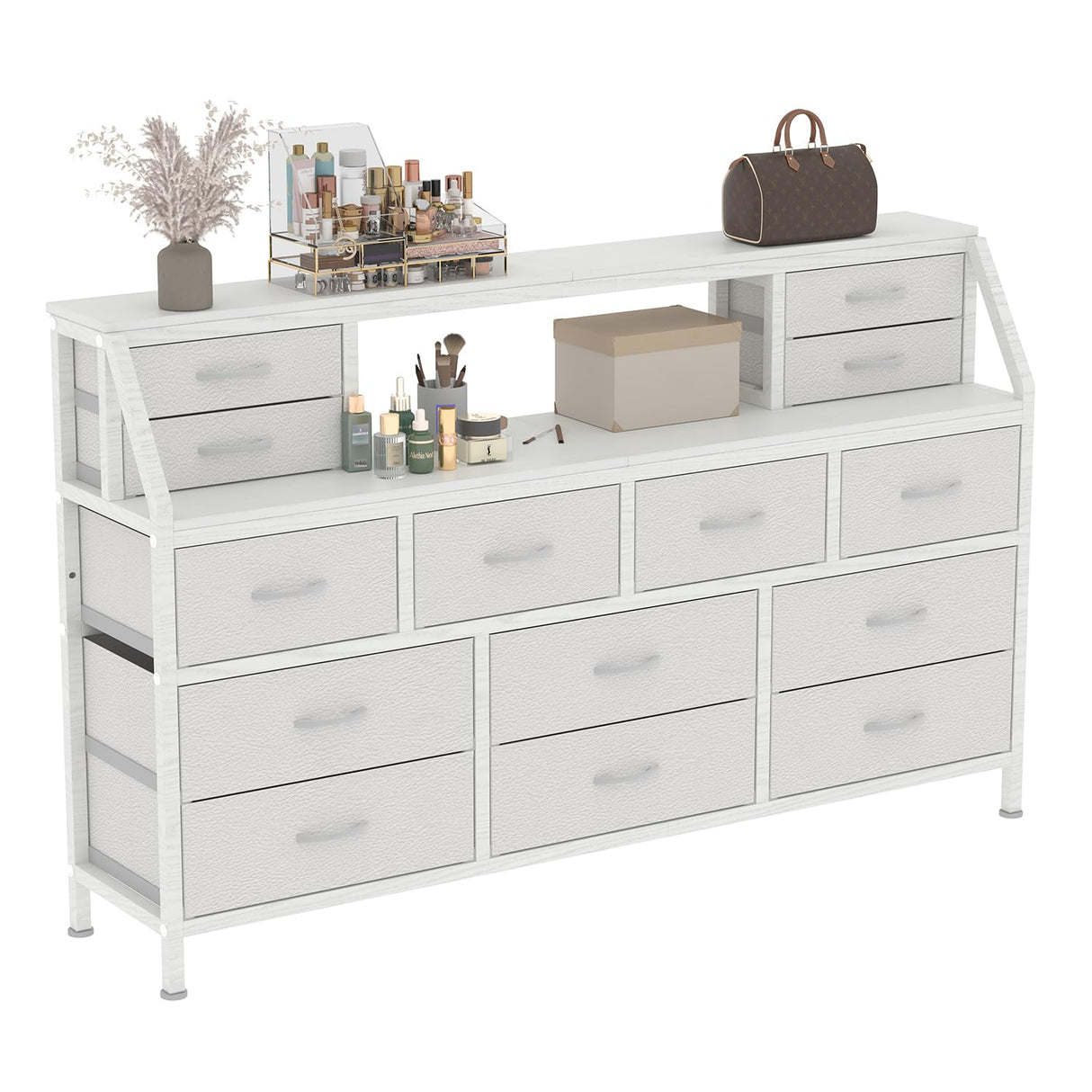 DrawXynth White Dresser for Bedroom, 55" TV Stand with 14 Drawers, Long Dresser & Chests of Drawers with Shelves & Sturdy Metal Frame & Wood Top DrawXynth