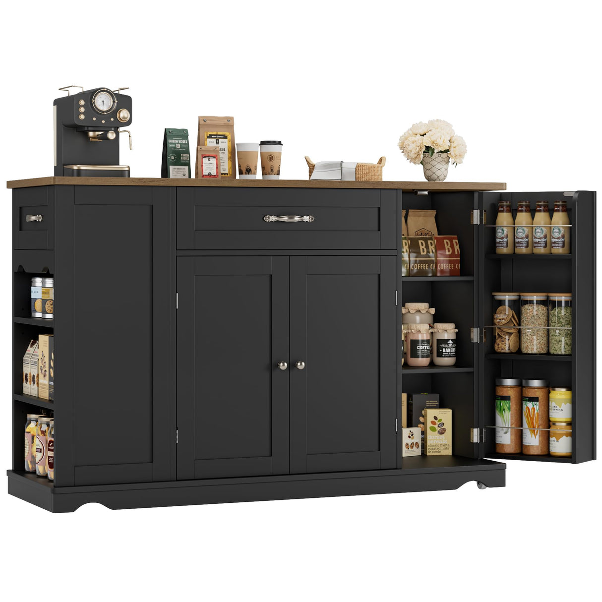 HOSTACK Kitchen Island Cart with Storage, 47'' Kitchen Storage Island on Wheels with 2 Drawers, Rolling Island Table with Adjustable Shelves, Mobile Buffet Sideboard Cabinet for Dining Room, Black HOSTACK